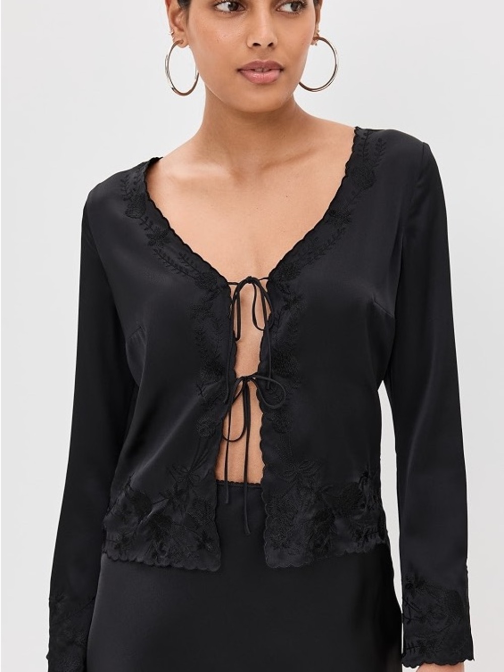 Reformation Black Satin Tie-Front Lace-Trim Top - Picture 2 of 5